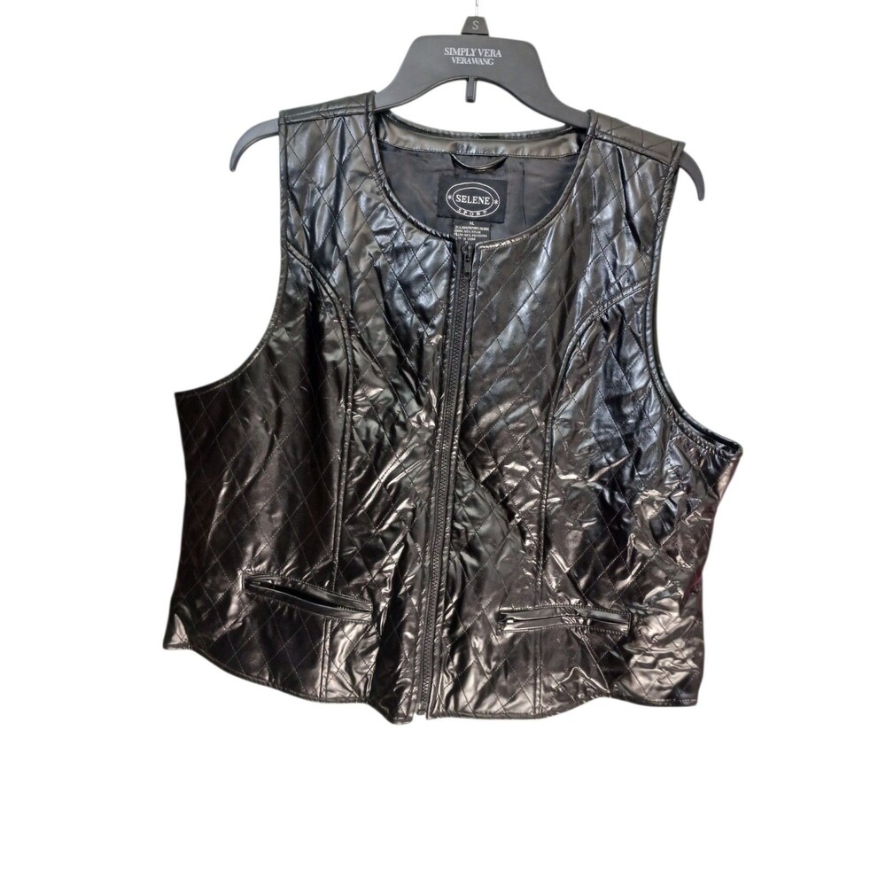 Selene Sport Women’s Quilted Faux Leather Vest Size XL Black Zip Front Moto